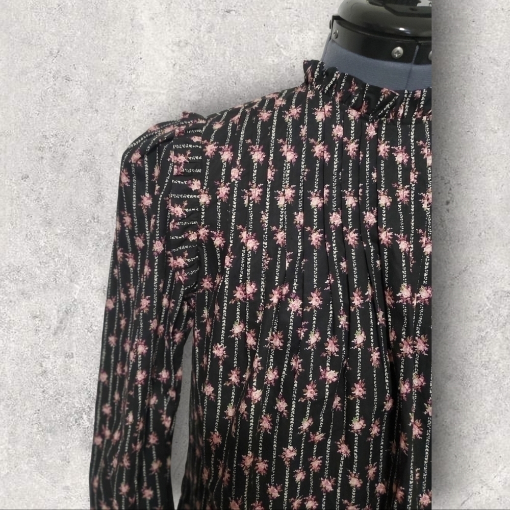 WAYF Women Top High Neck Ruffle Collar Long Sleeve Floral Print Black Size Small - Picture 4 of 7